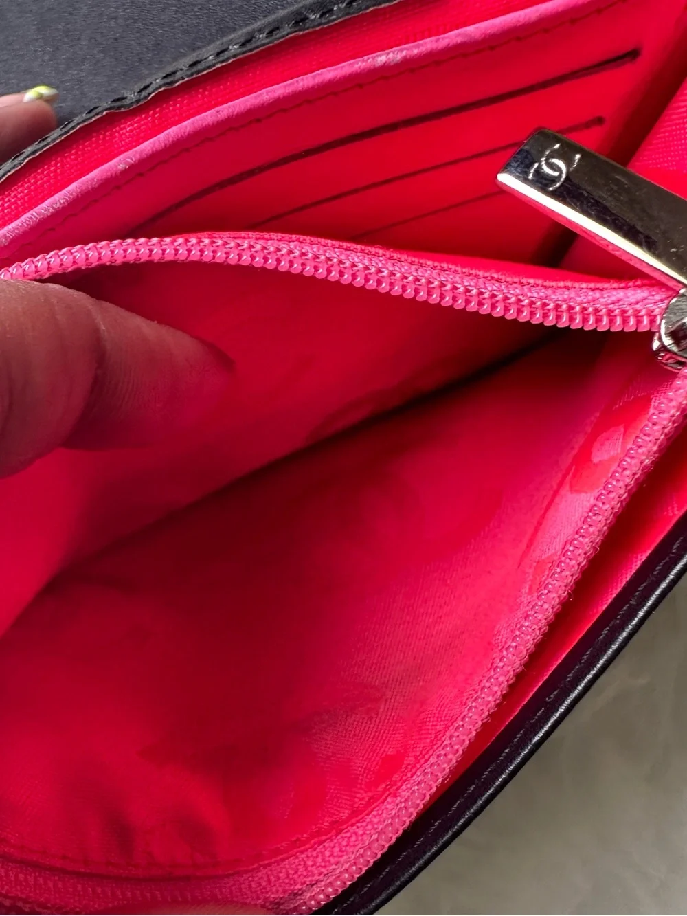 CHANEL Cambon Ligne Black Lambskin Long Wallet White CC Pink Interior